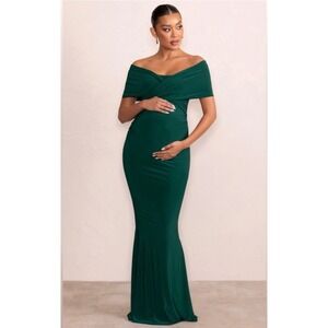 CLUB L LONDON Bardot Bottle Green Off Shoulder Ruched Maternity Gown Size 6